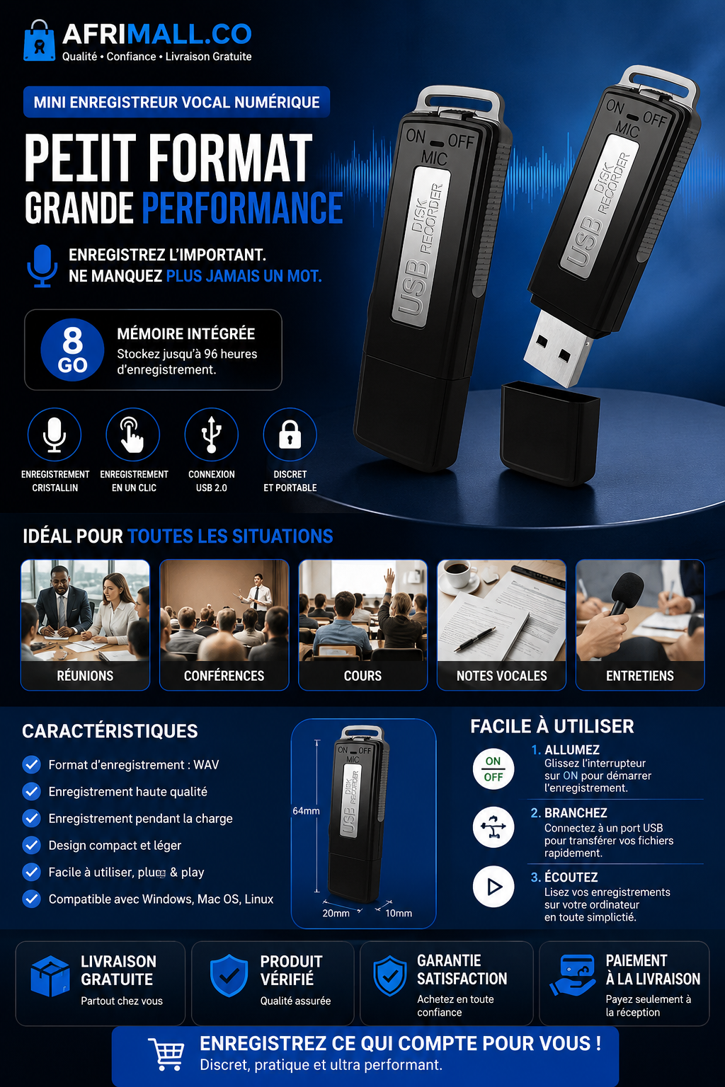 Clé USB Enregistreur Intelligent : Pour Réunions, Cours et Surveillance Discrète