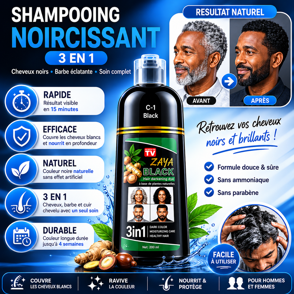 🖤 Shampoo Colorant 3-en-1 — Retrouve des cheveux noirs facilement